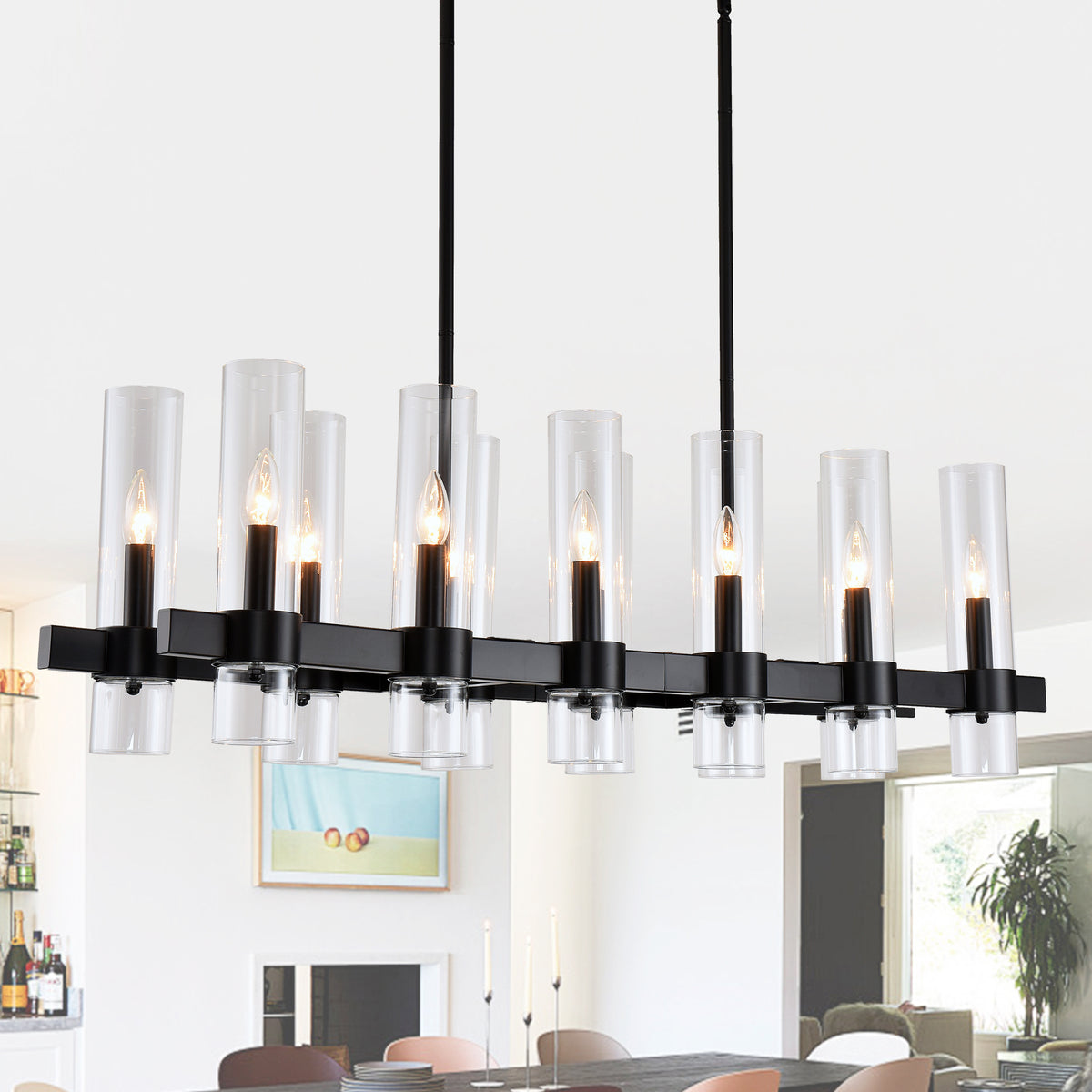Chandelier, 12-Light Linear Glass Shade Wood Accent in Matte Black