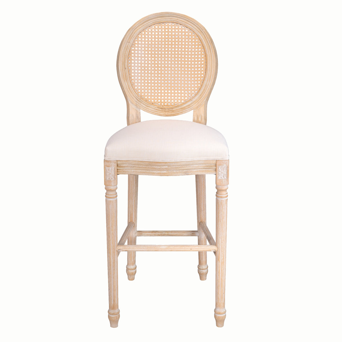 Bar Stool Set of 2, French Country Round Cane Back, Cream Linen
