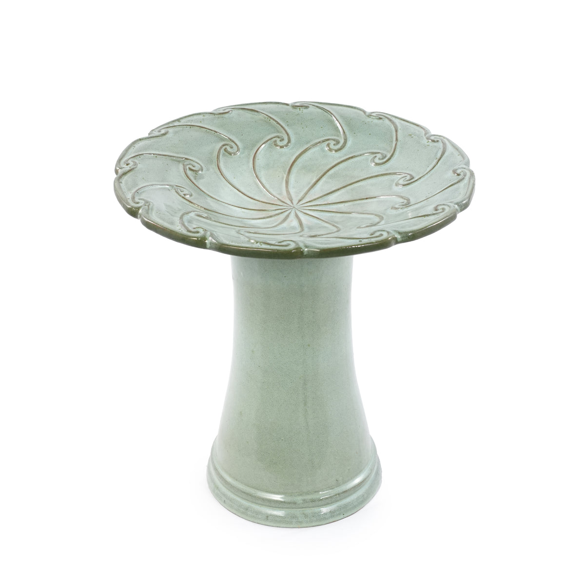 Green Ceramic Bird Bath, Scroll Pattern