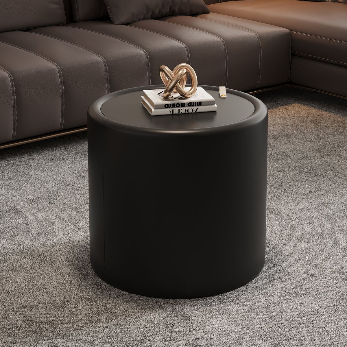 Black Faux Leather Glass-Top Drum Side Table with Storage, 19.7 in