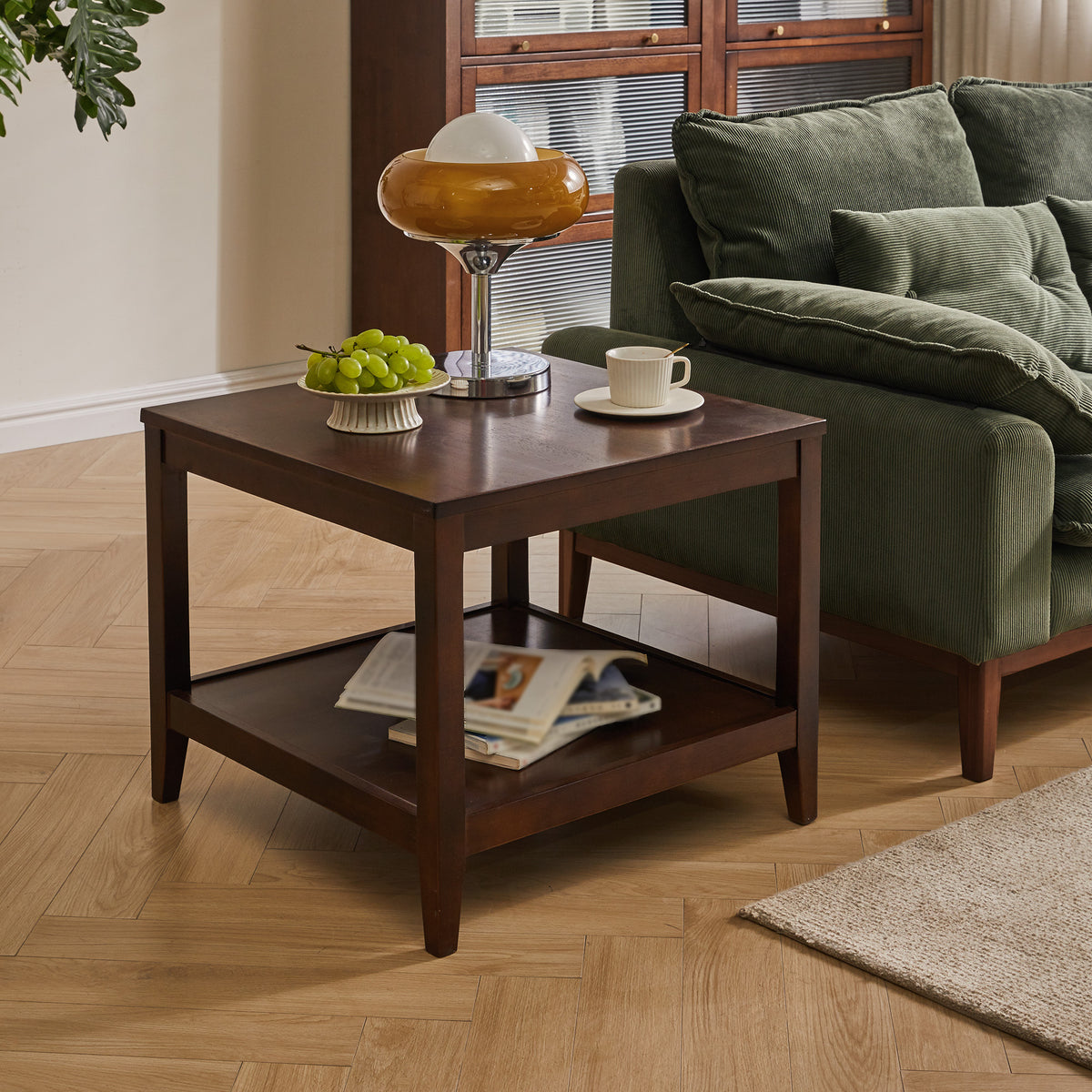 Walnut Solid Wood Square Two-Tier Side Table with Tapered Legs, 23.6 in