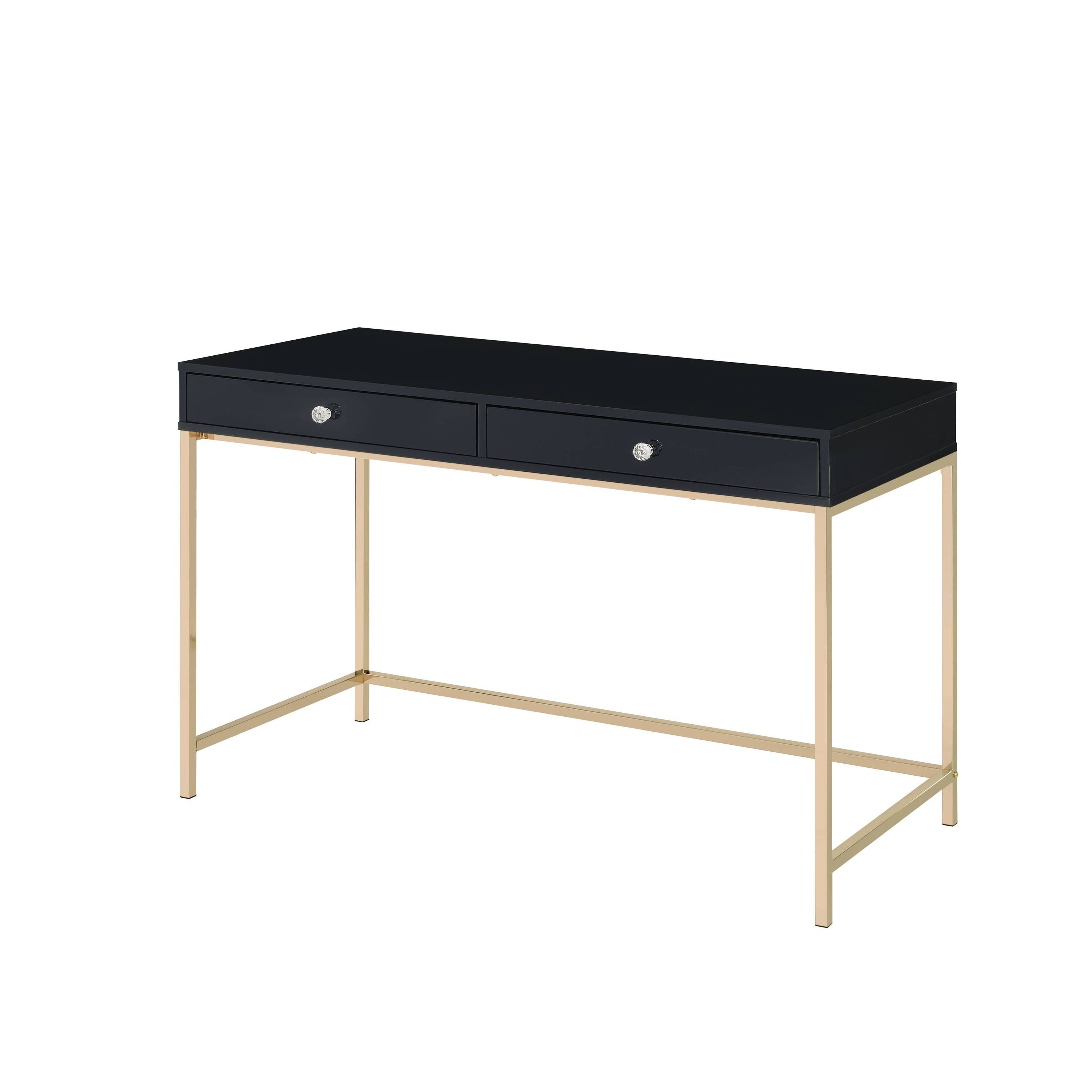 Minimalist Writing Desk, 2 Drawers, 47.5 in, Black High Gloss and Gold