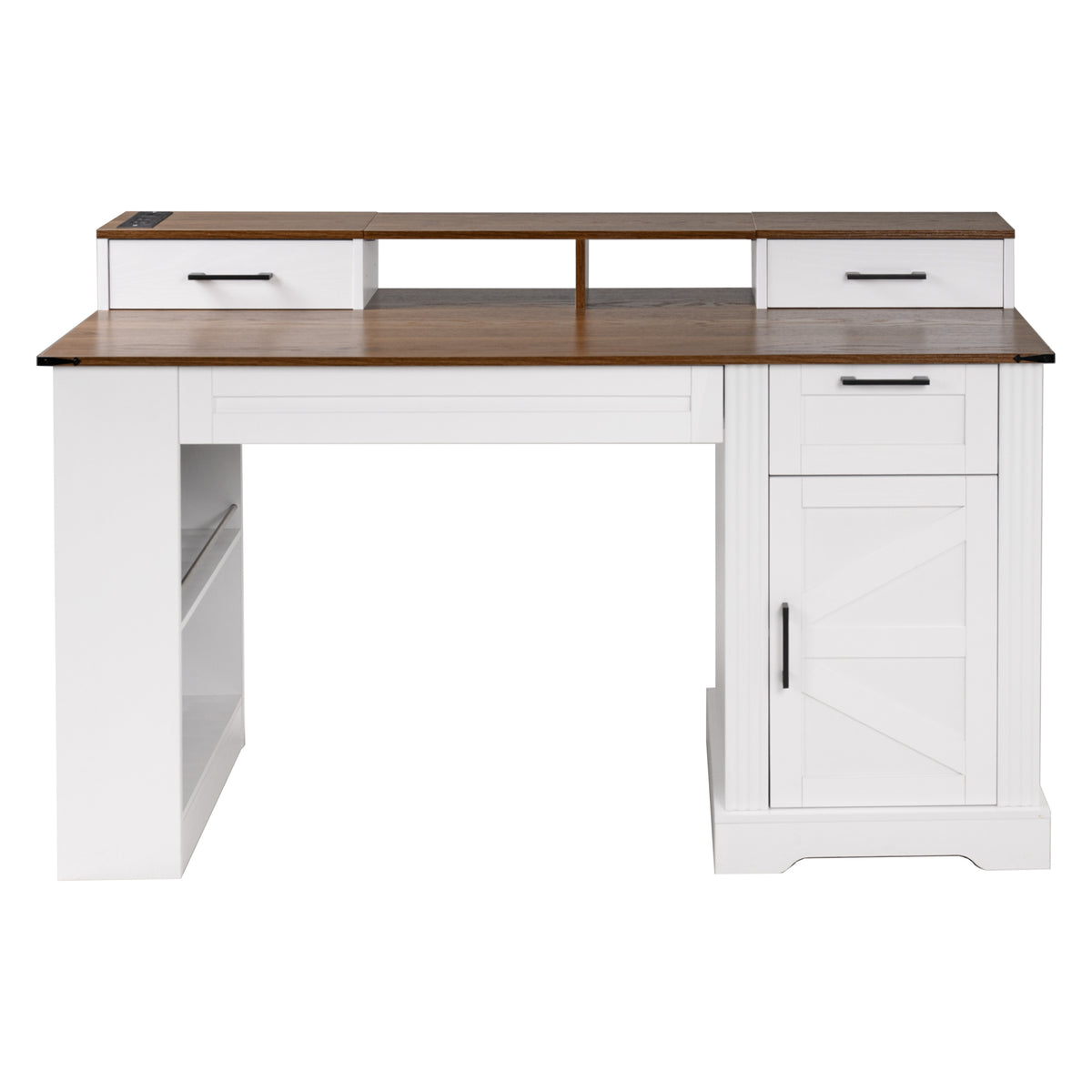Farmhouse Computer Desk with Charging Station, Keyboard Tray, 55 in, White