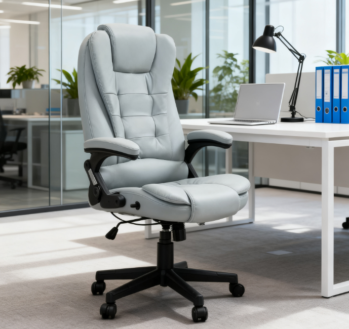 Light Gray Vegan Leather Office Chair, Massage, Reclining, 264 lb