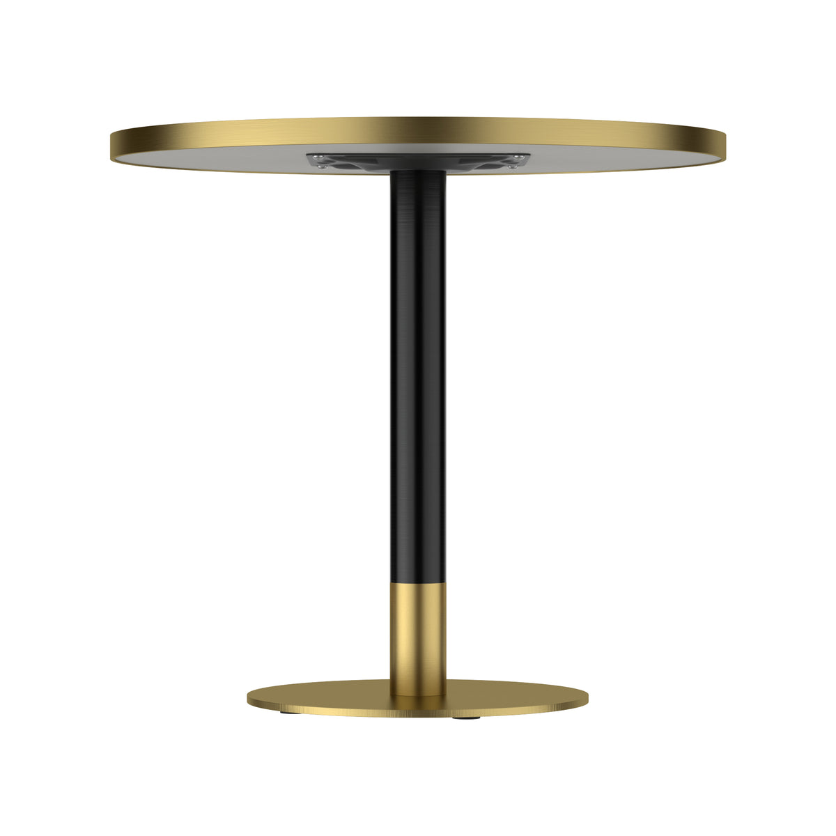 Front studio view of the round dining table showing the underside mounting bracket and black pedestal column