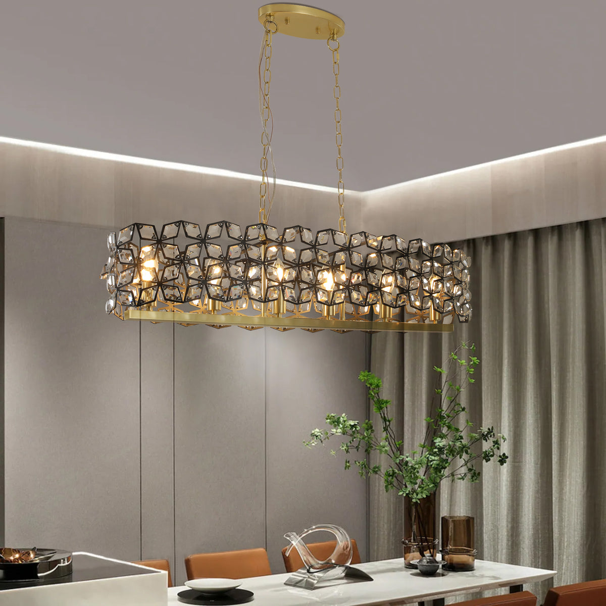 Chandelier, 6-Light Crystal Linear Fixture, Black and Gold