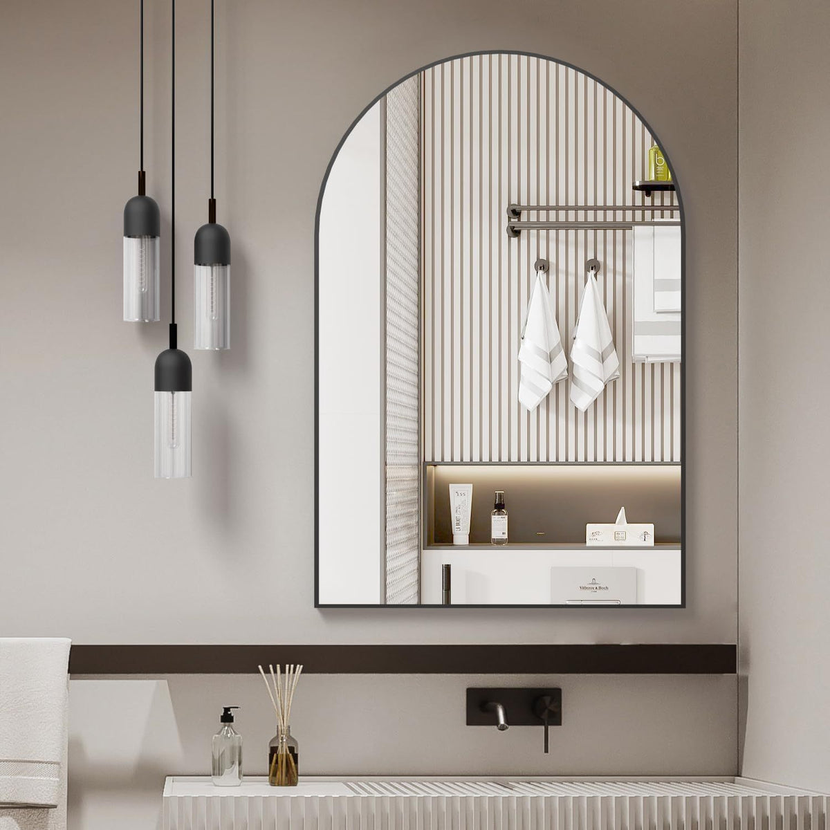 Arched Mirror with Black Aluminum Frame, 32 x 24 in