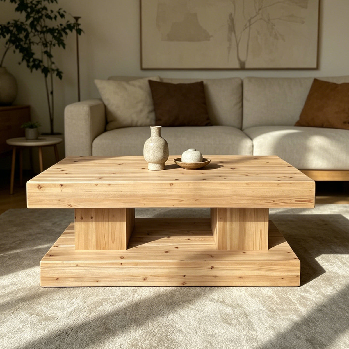 Natural Solid Wood Rustic Double Pedestal Coffee Table, 47.2 in