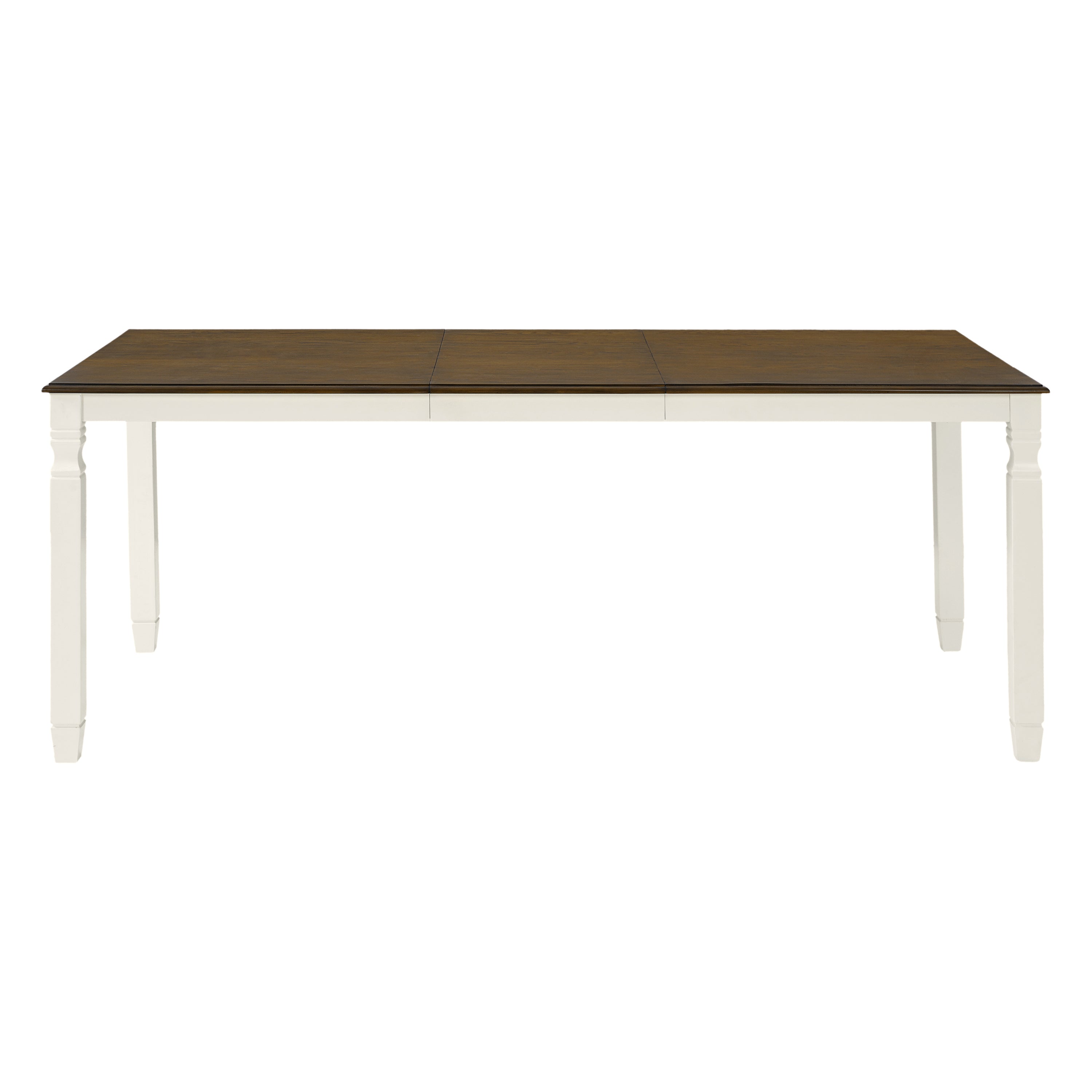 Three-quarter studio view of brown oak veneer farmhouse dining table with white turned legs on white background