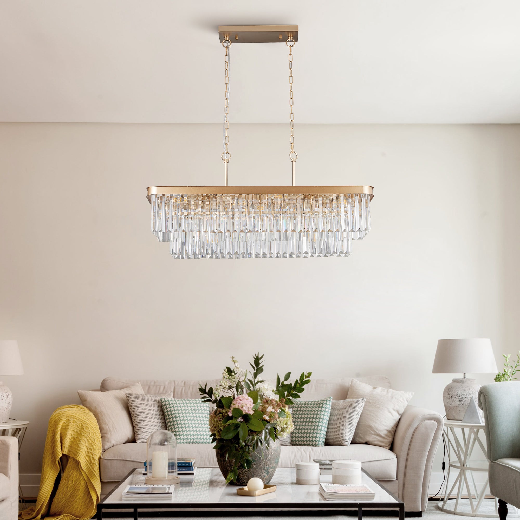 Chandelier, 11-Light Rectangular Iron, Gold Finish
