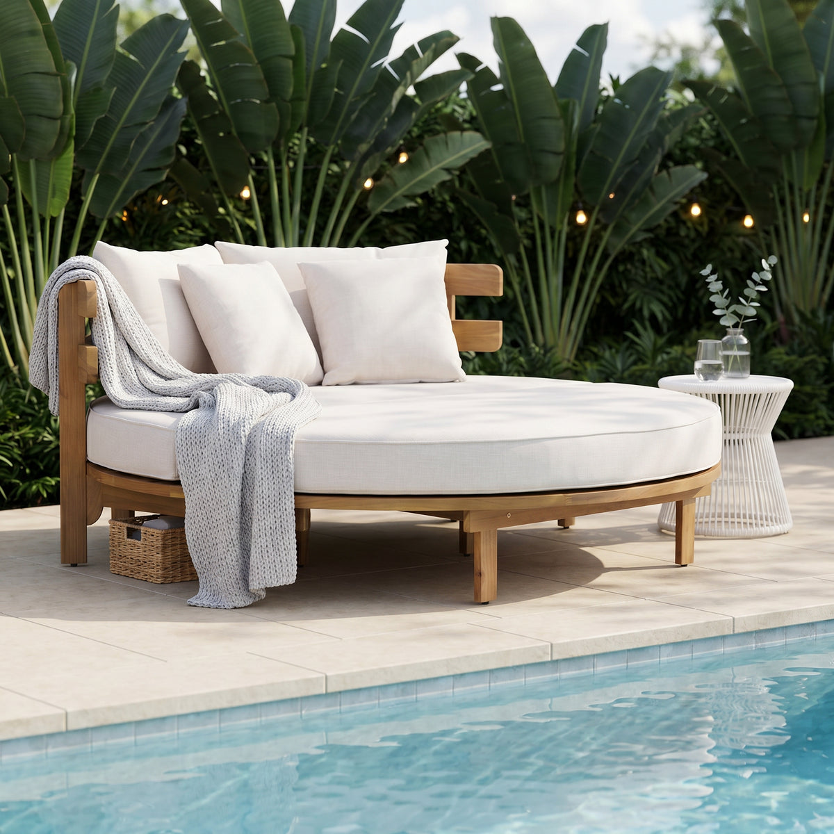 Beige Solid Wood Outdoor Daybed with Cushions