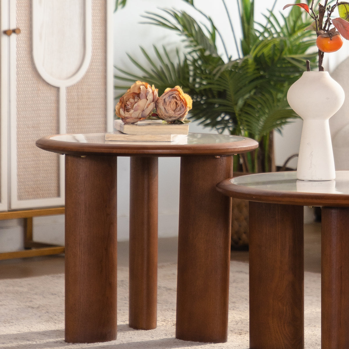 White and Walnut Sintered Stone Round Side Table, 19.5 in