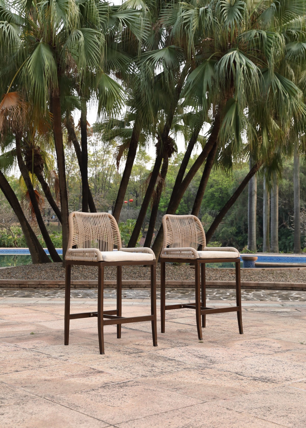 Black Aluminum Outdoor Counter Stool, Set of 2, Ivory Cushion, 38.6 in Tall