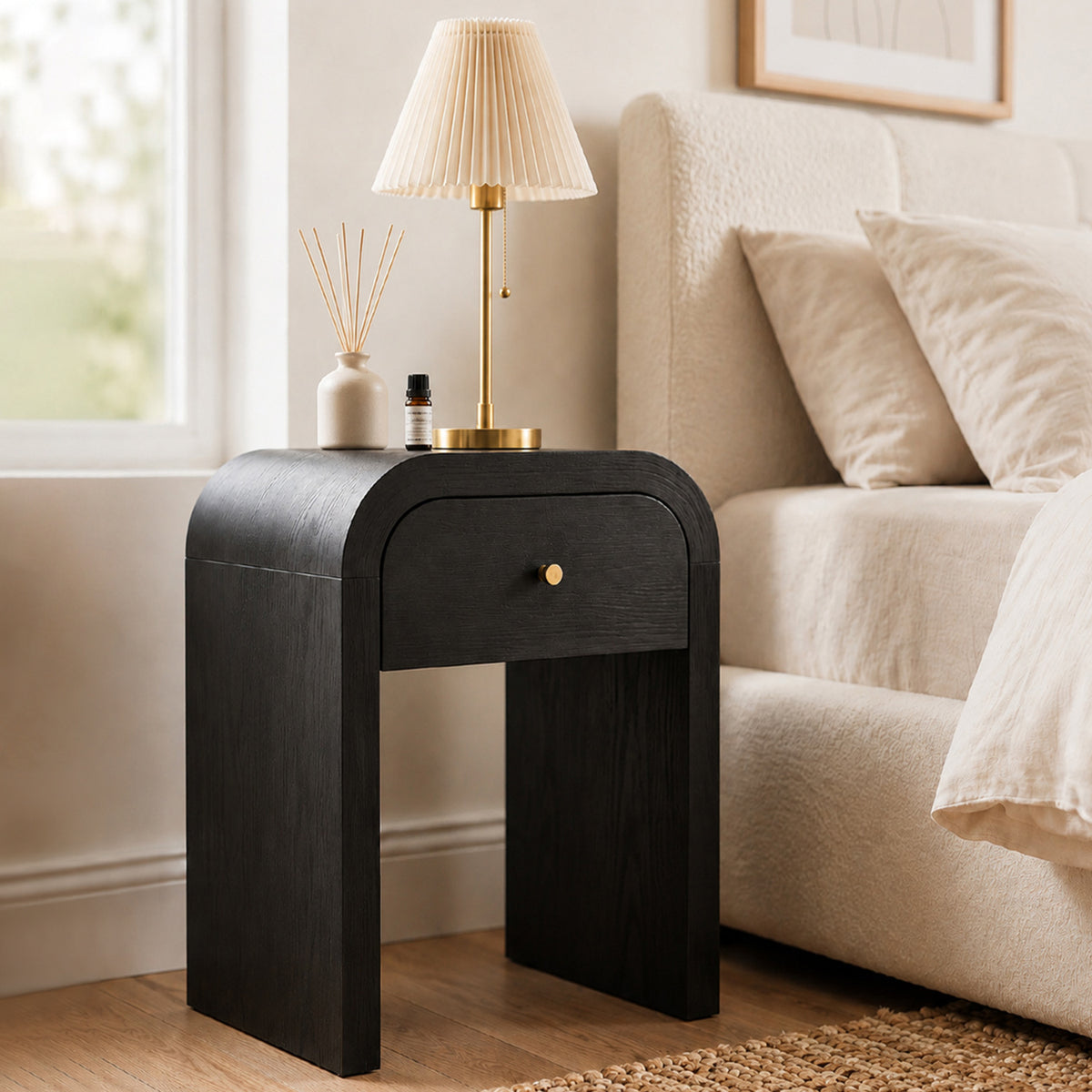 Black Curved Waterfall Side Table with Drawer, 18 in
