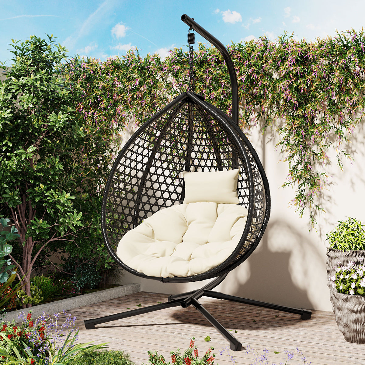 Wicker Hanging Egg Chair with Stand, Black and Beige