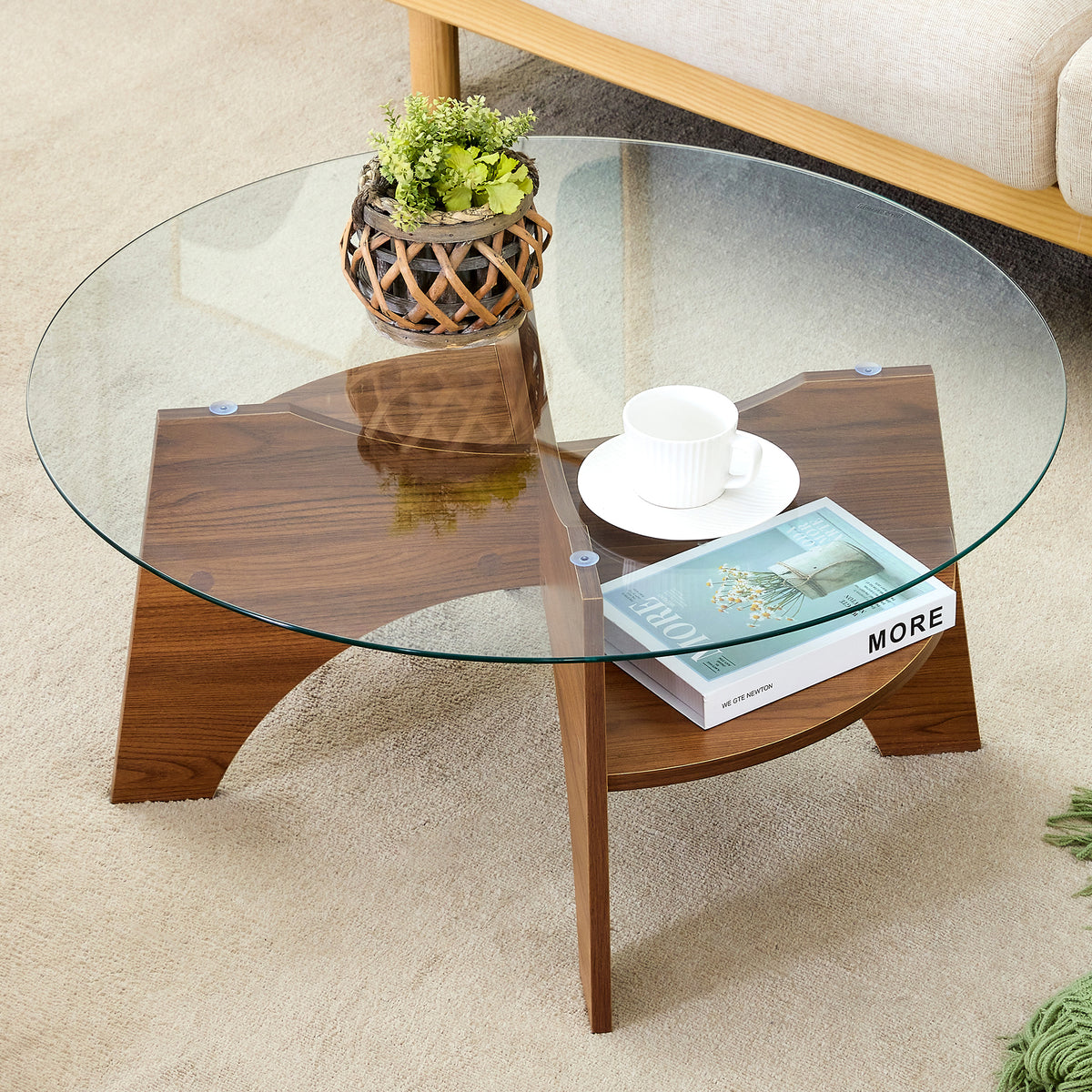 Walnut Glass-Top Round Pedestal Coffee Table with Shelf, 31.5 in