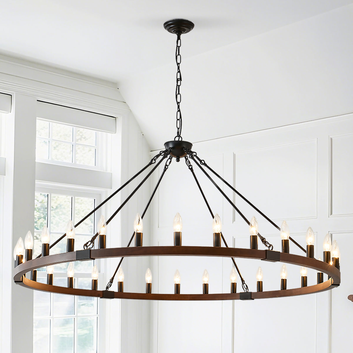 Chandelier, 12-Light Large Wagon Wheel Wood, Matte Black