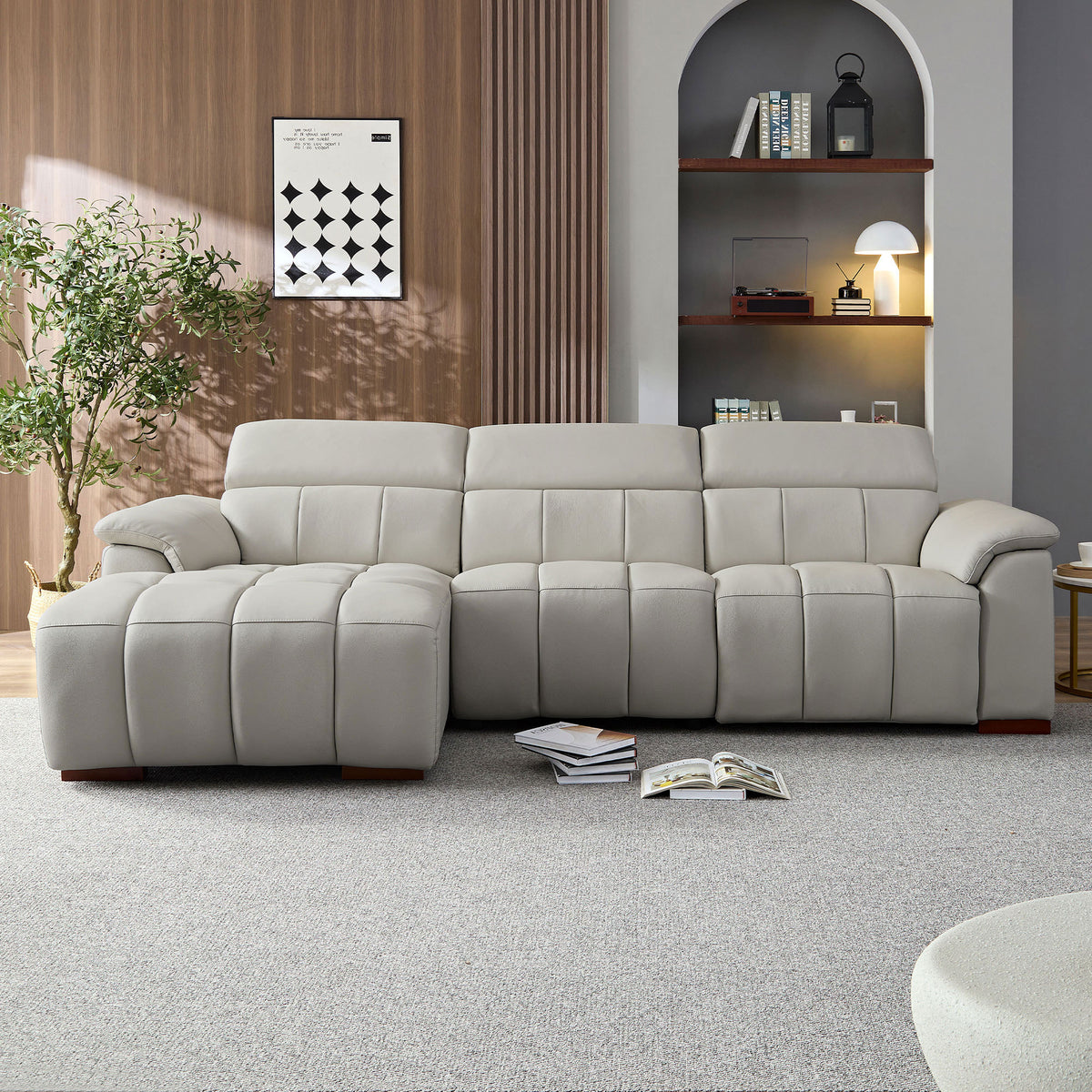 Light Gray Genuine Leather Reclining Sectional, 113.4 in, Left-Facing