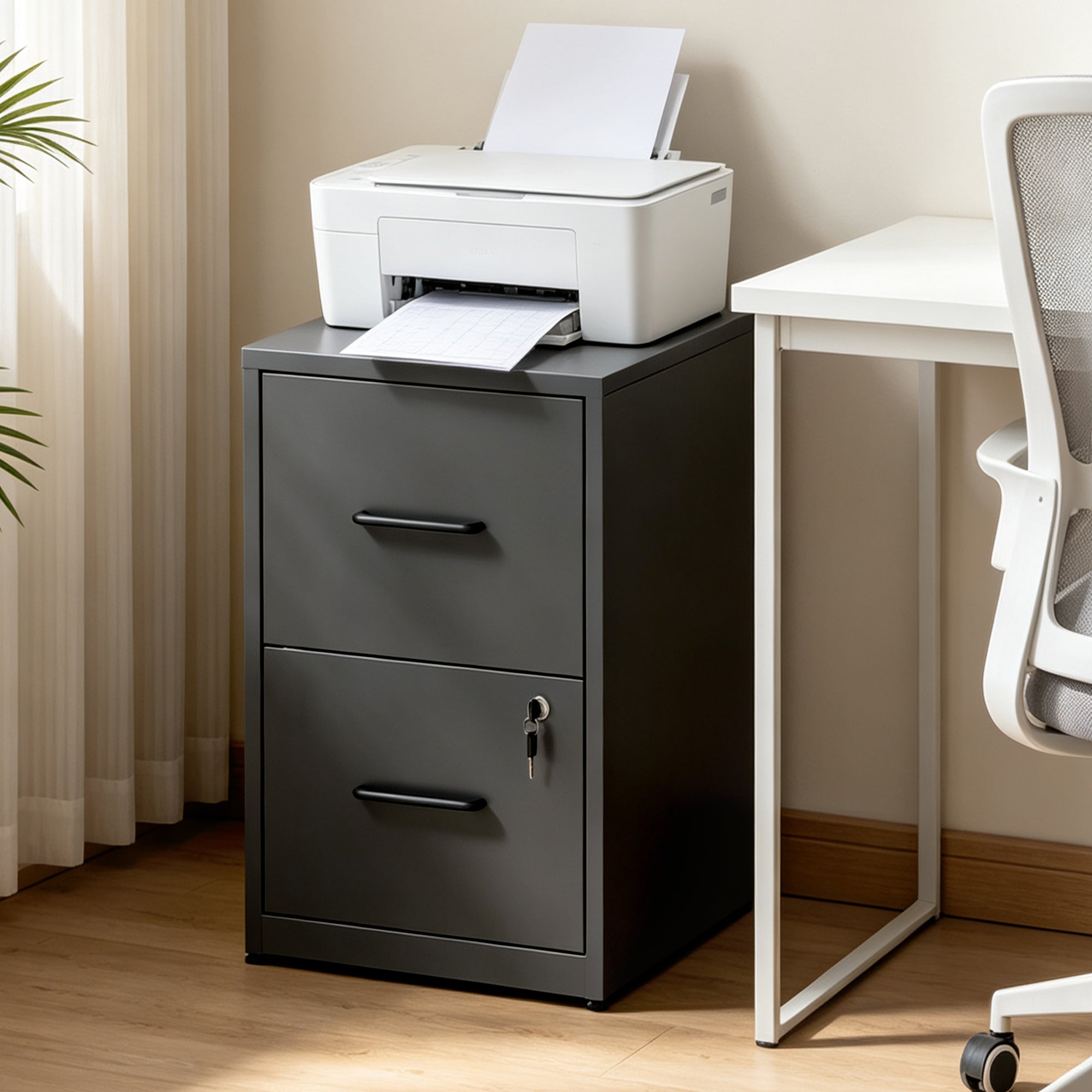 Metal File Cabinet, 2 Drawers, Locking, 25.6 in Tall, Black