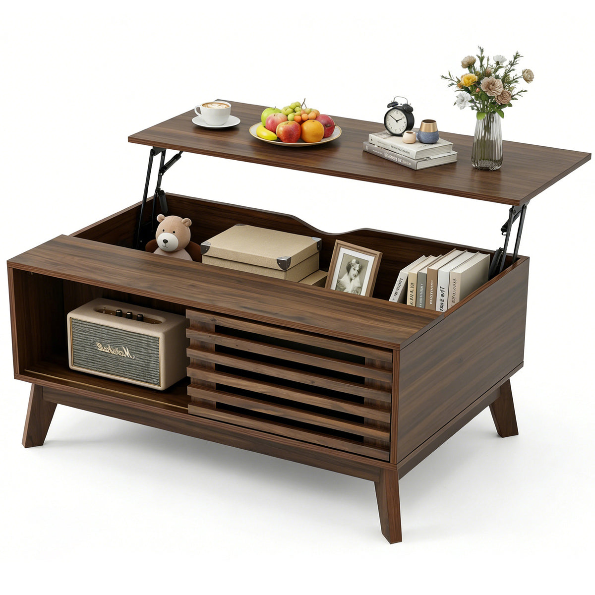 Walnut Mid-Century Slatted Lift-Top Coffee Table with Storage, 35.4 in