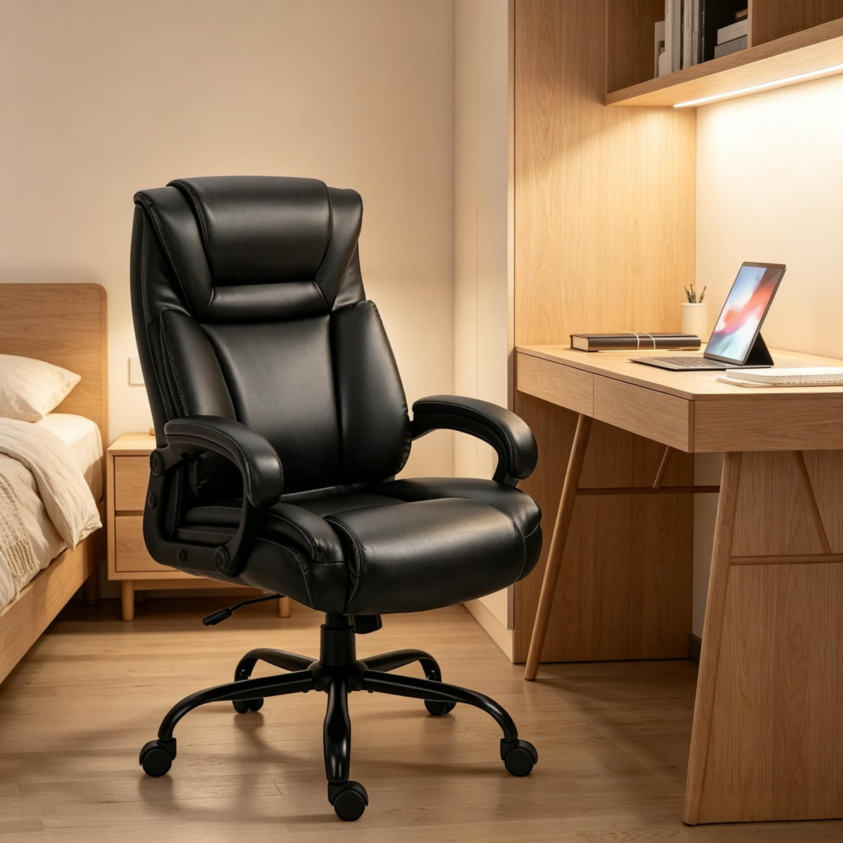 Black Vegan Leather Office Chair, Height Adjustable, 400 lb