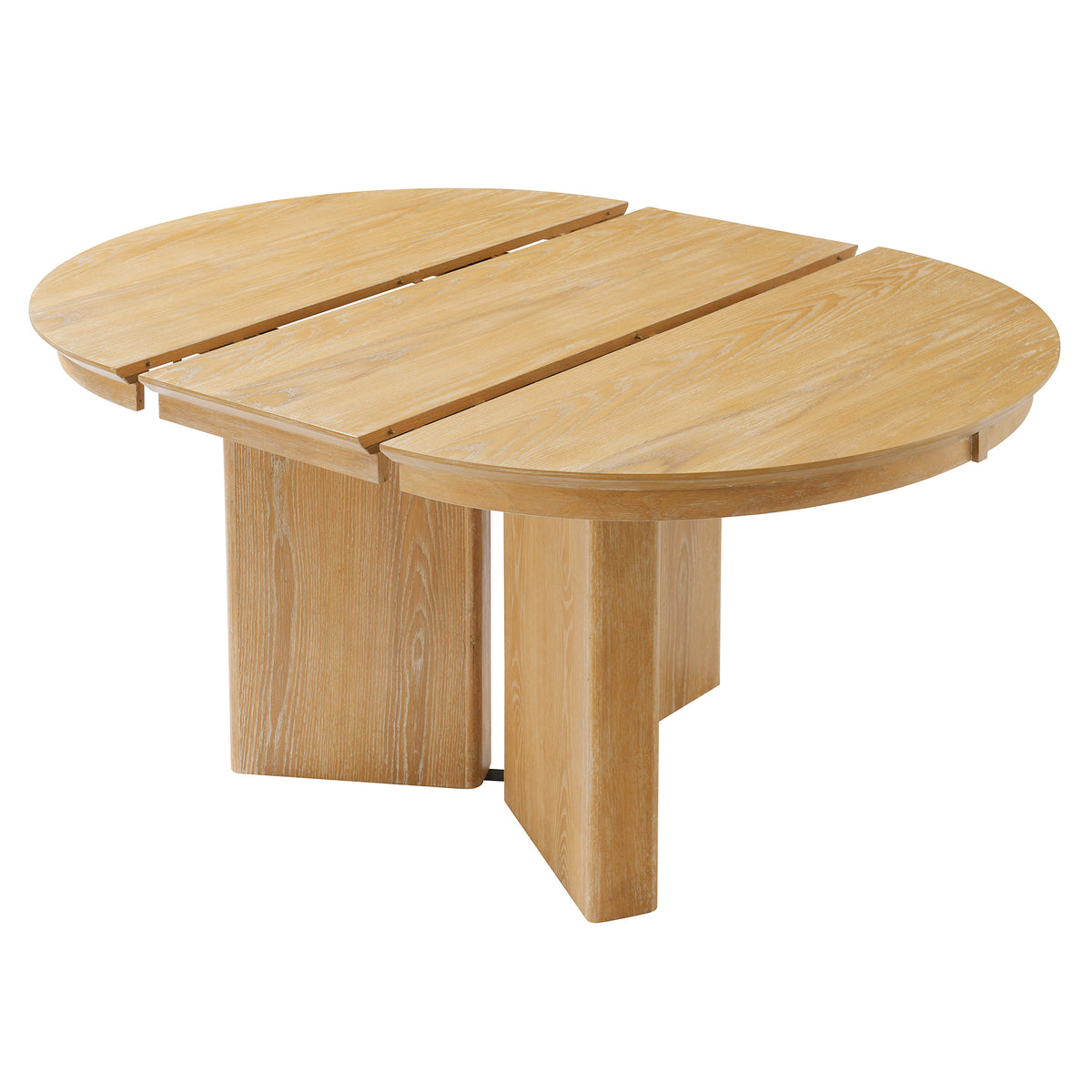Studio view of natural oak oval extendable table split apart showing center leaf and crossed panel base