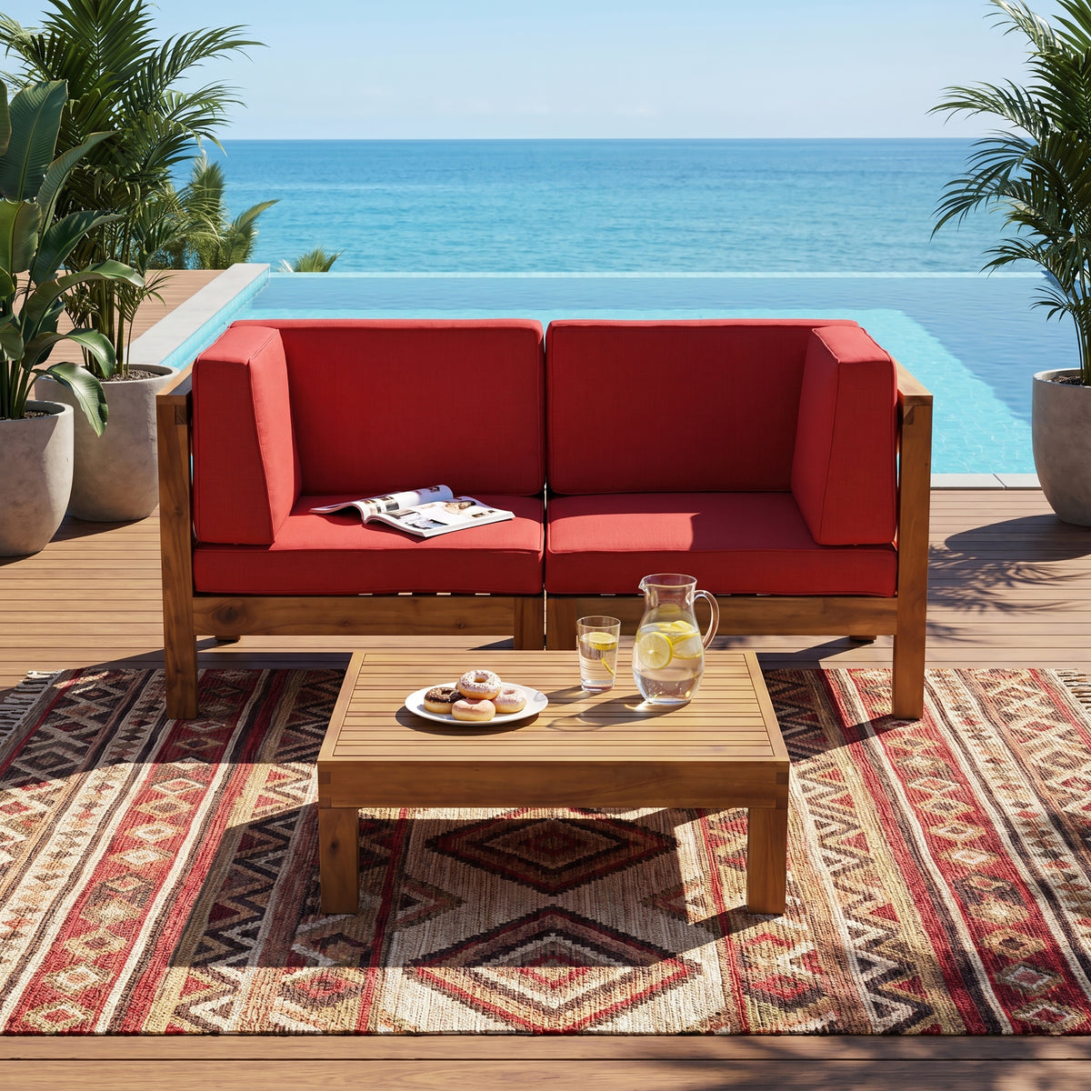 Solid Wood Outdoor Sofa Set for 2, Red Cushions