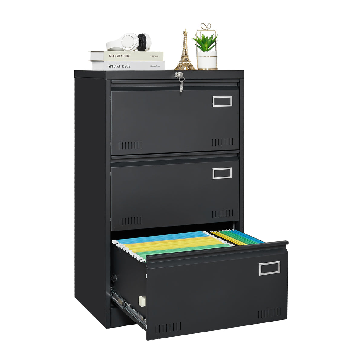 Metal File Cabinet, 3 Drawers, Locking, 40 in Tall, Black