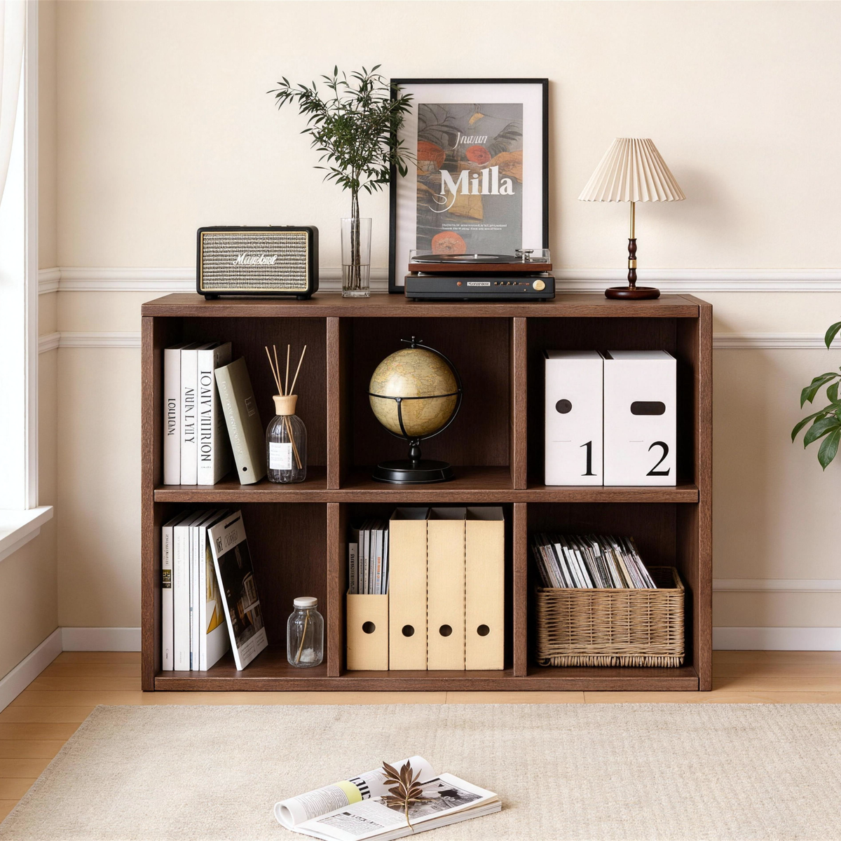 Solid Wood Bookcase, 6 Shelves, 35.4 in, Walnut
