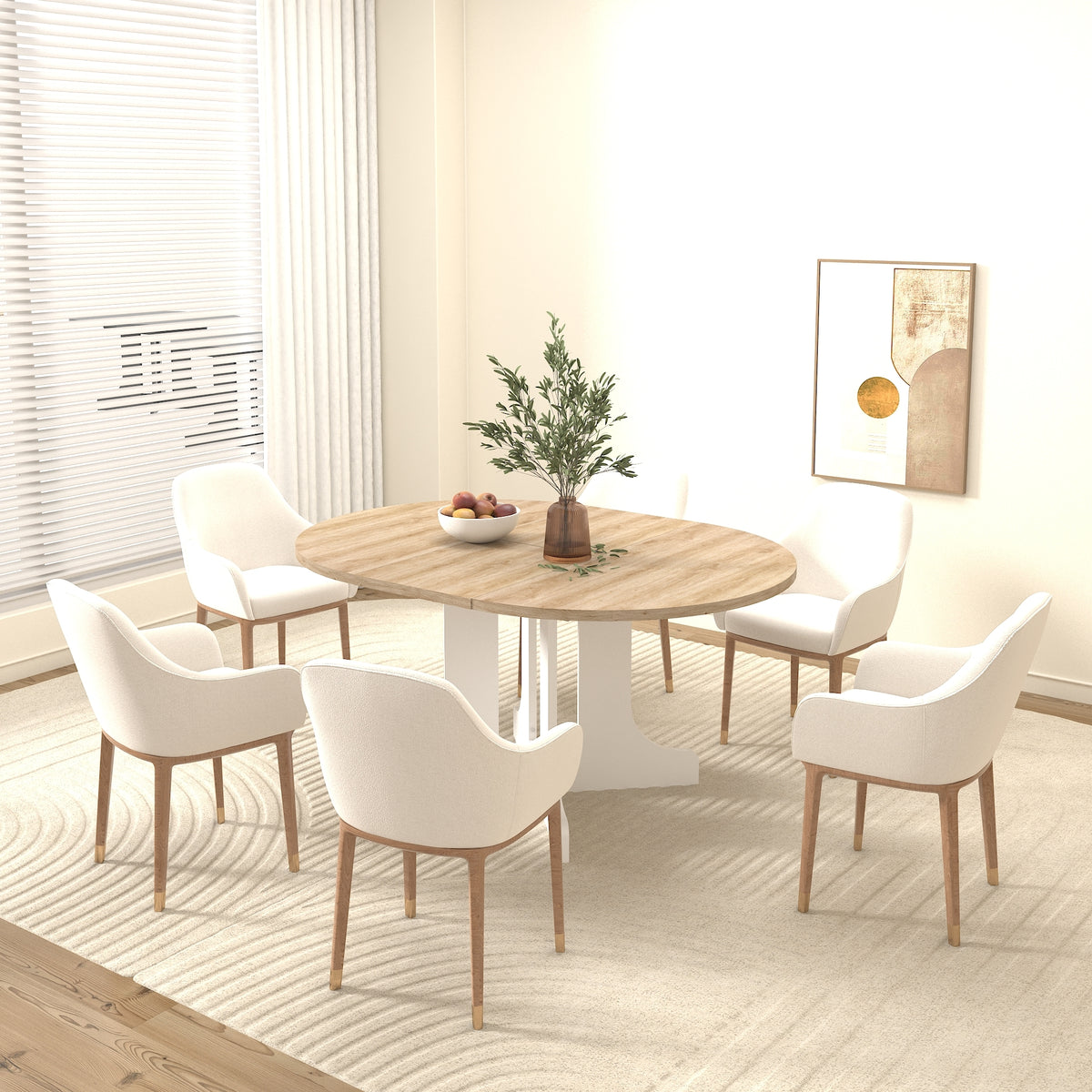 Oak-top oval dining table set for six with cream armchairs in a sunlit room
