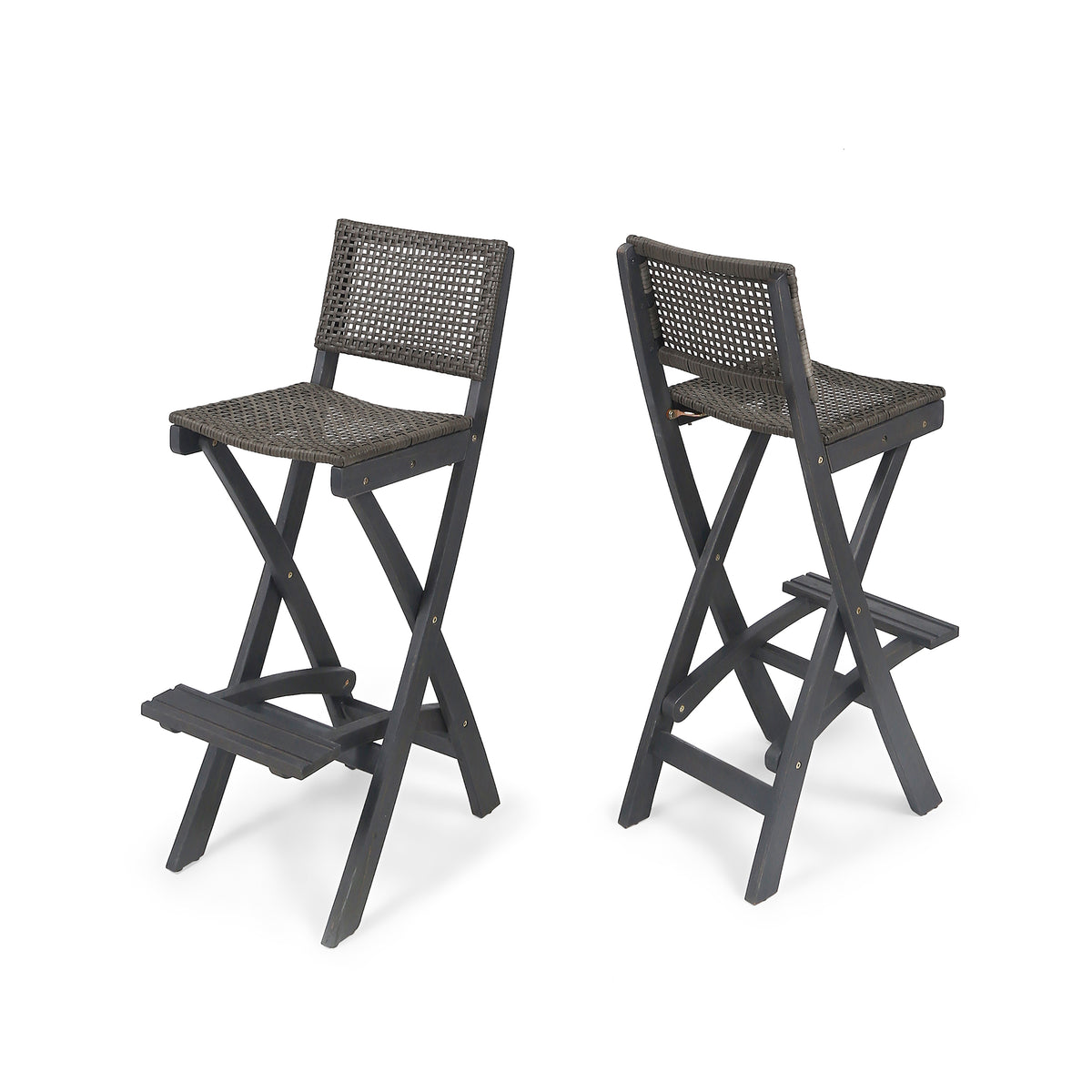 Dark Gray Solid Wood Folding Outdoor Bar Stool Set of 2, 31.5 in Seat