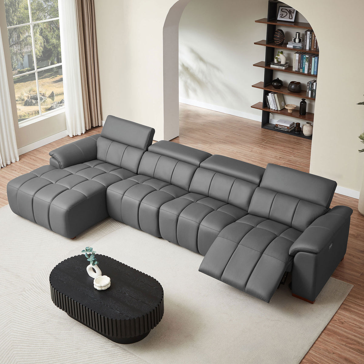 Dark Gray Genuine Leather Reclining Sectional, 144.9 in, Left-Facing