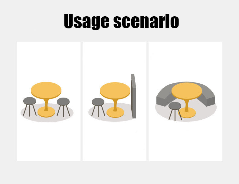 Feature graphic showing three usage scenarios for the round tulip table with stools