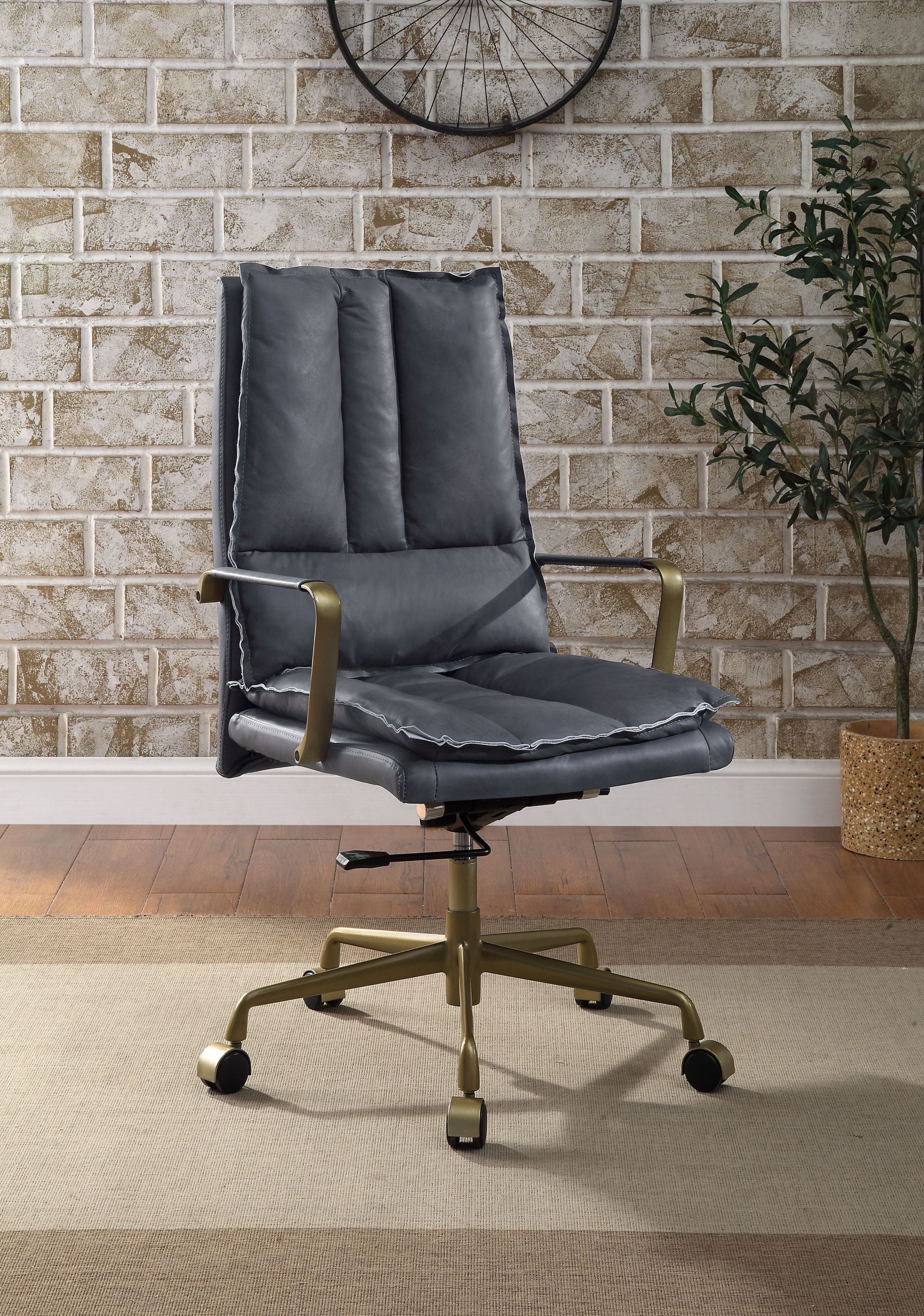 Gray Top Grain Leather Office Chair, Height Adjustable