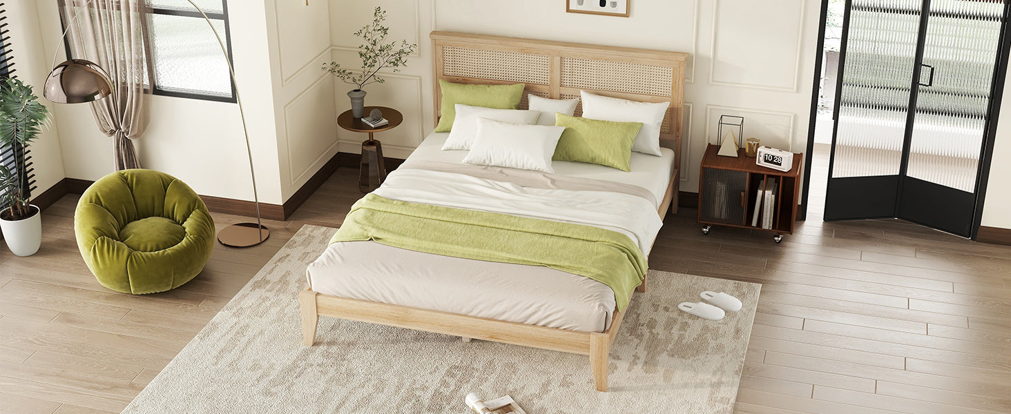 Wide overhead shot of the rubberwood bed frame with rattan headboard, nightstands and lamps