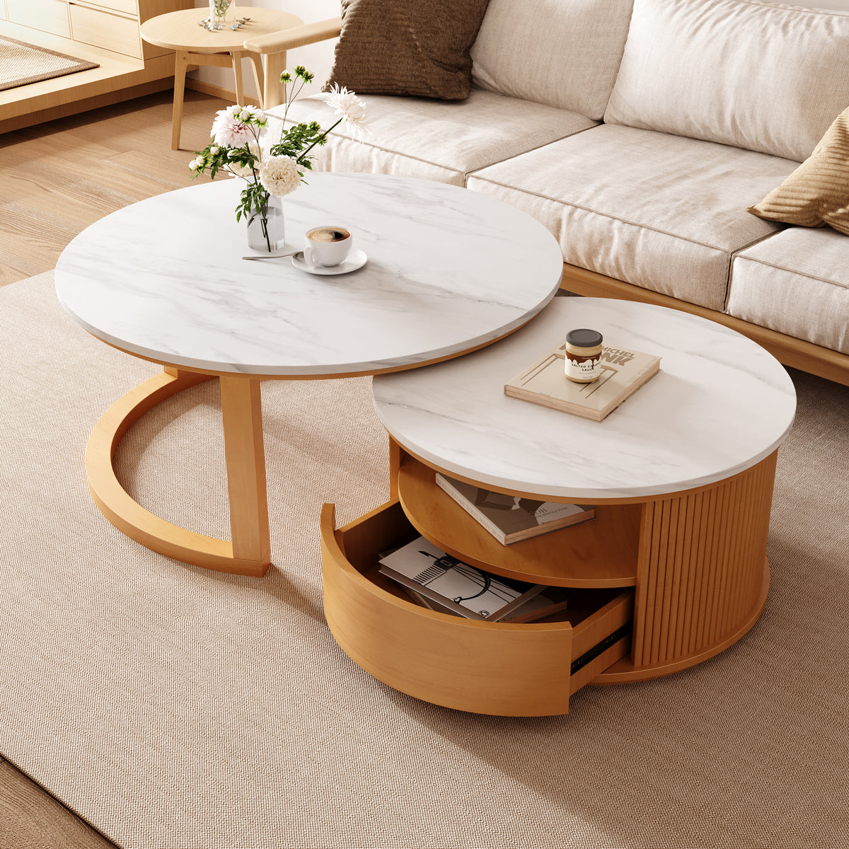 White Faux Marble Round Nesting Coffee Table with Drawer, 28.5 in