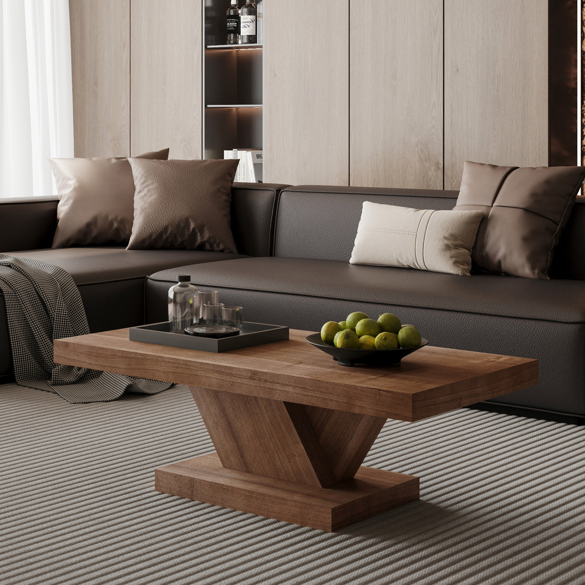 Walnut Cross-Base Pedestal Rectangular Coffee Table, 47.2 in