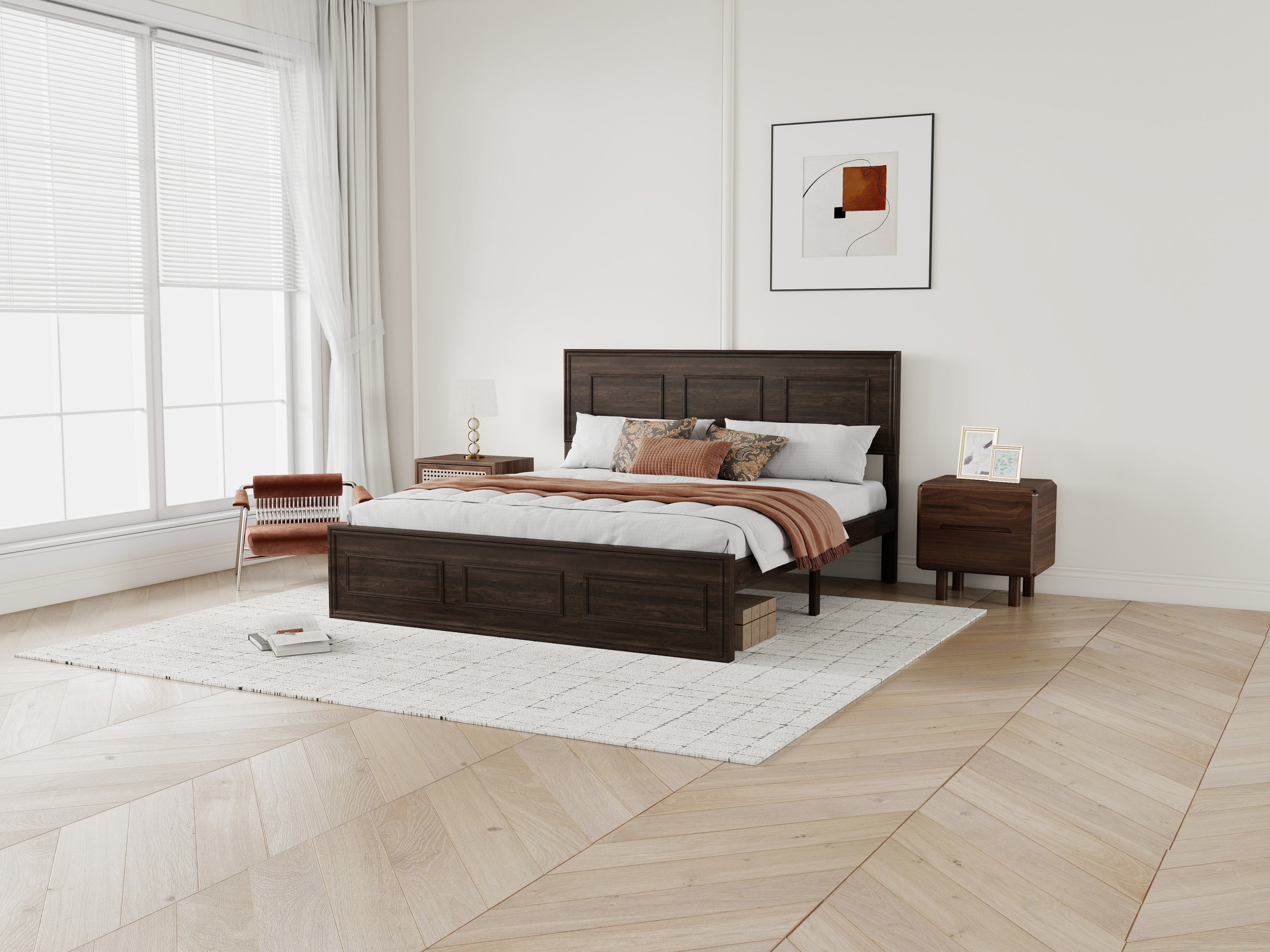 Angled wide view of rich brown wood queen bed with nightstands on light wood flooring #Color_Rich Brown