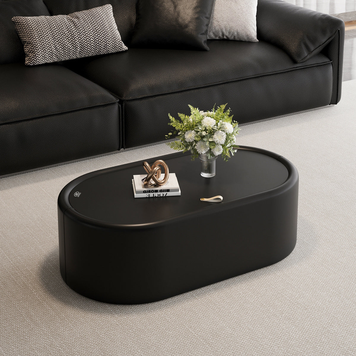 Black Glass-Top Racetrack Oval Coffee Table with Storage, 33.5 in