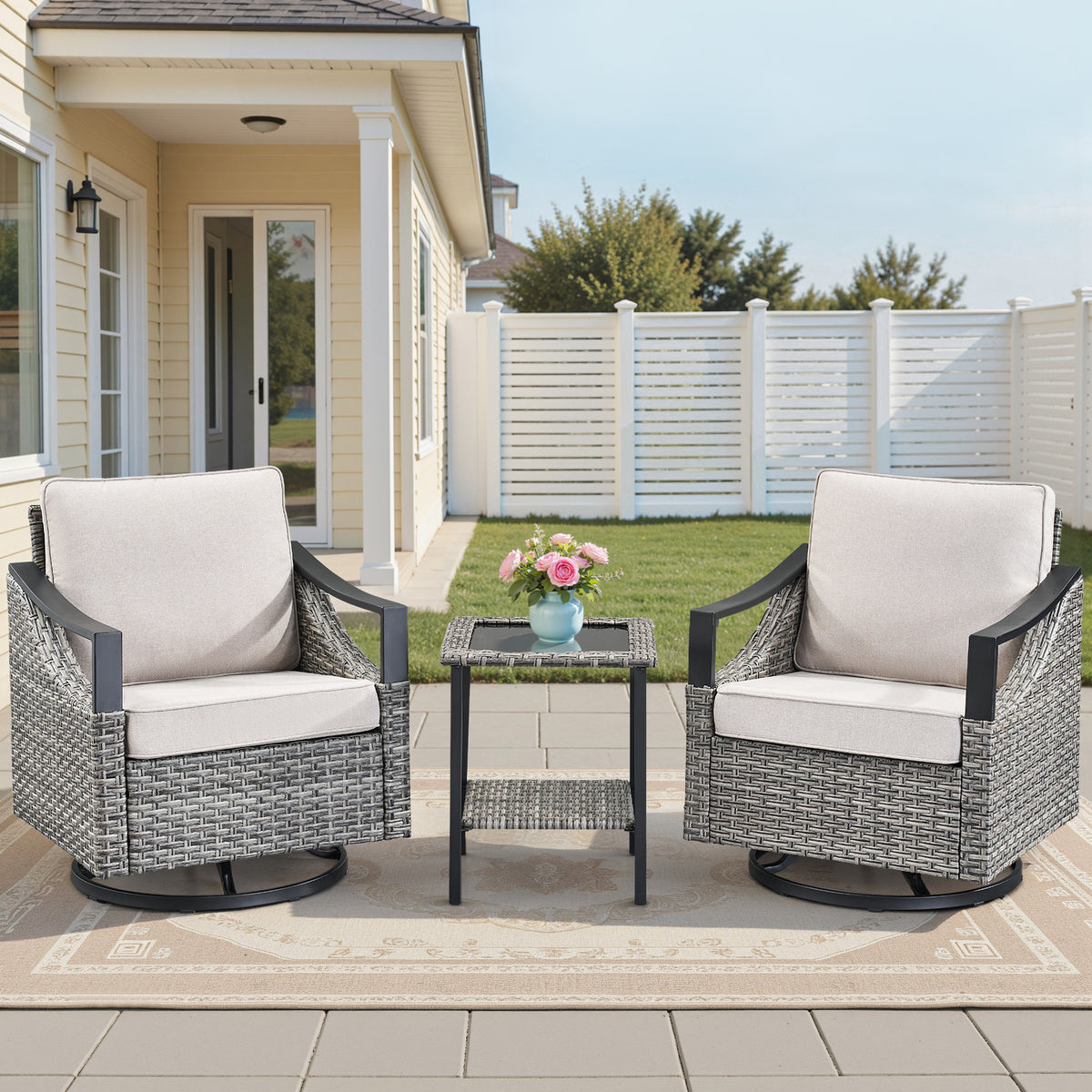 Gray Wicker 3-Piece Patio Conversation Set with Beige Cushions