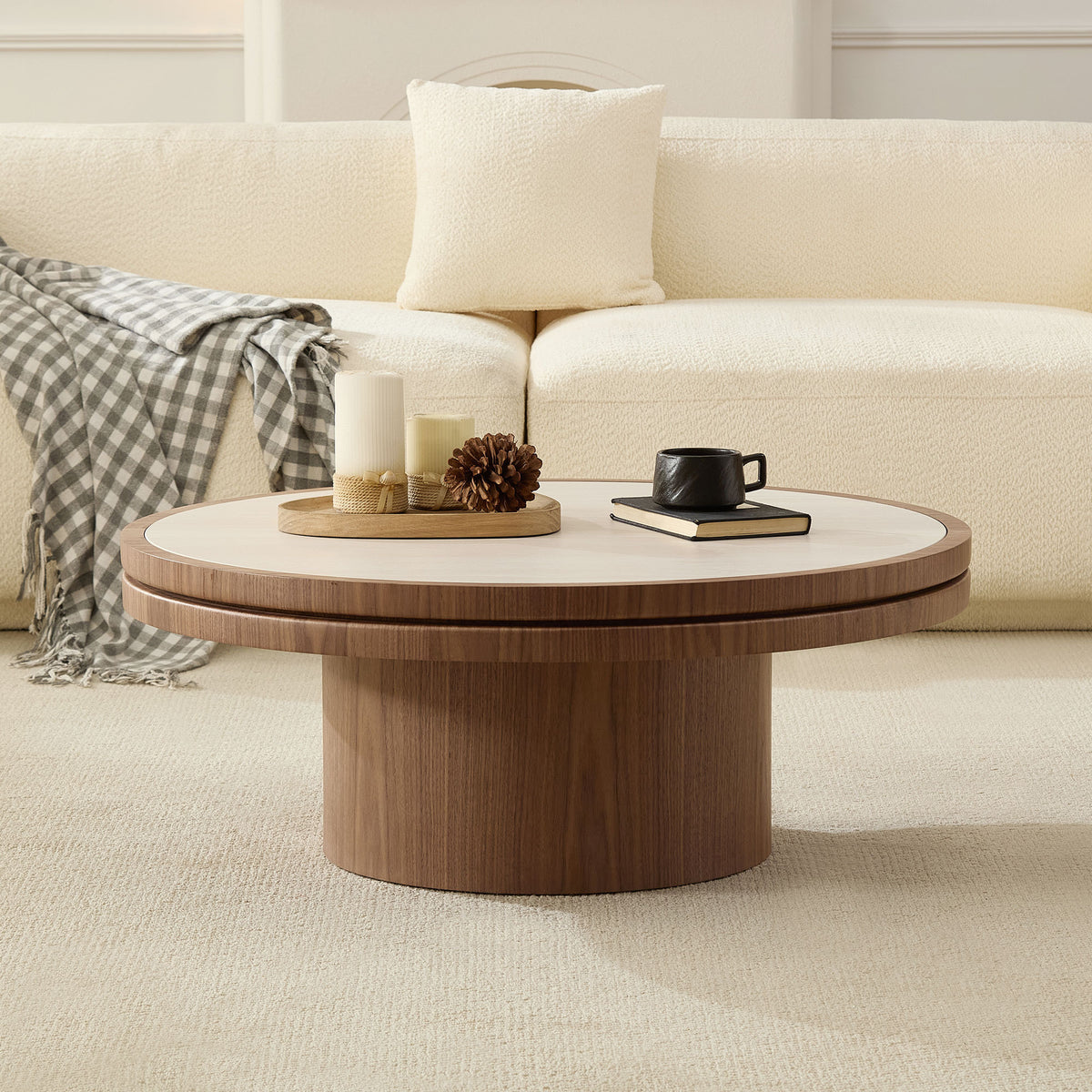 Walnut Sintered Stone Round Pedestal Coffee Table, 35.4 in