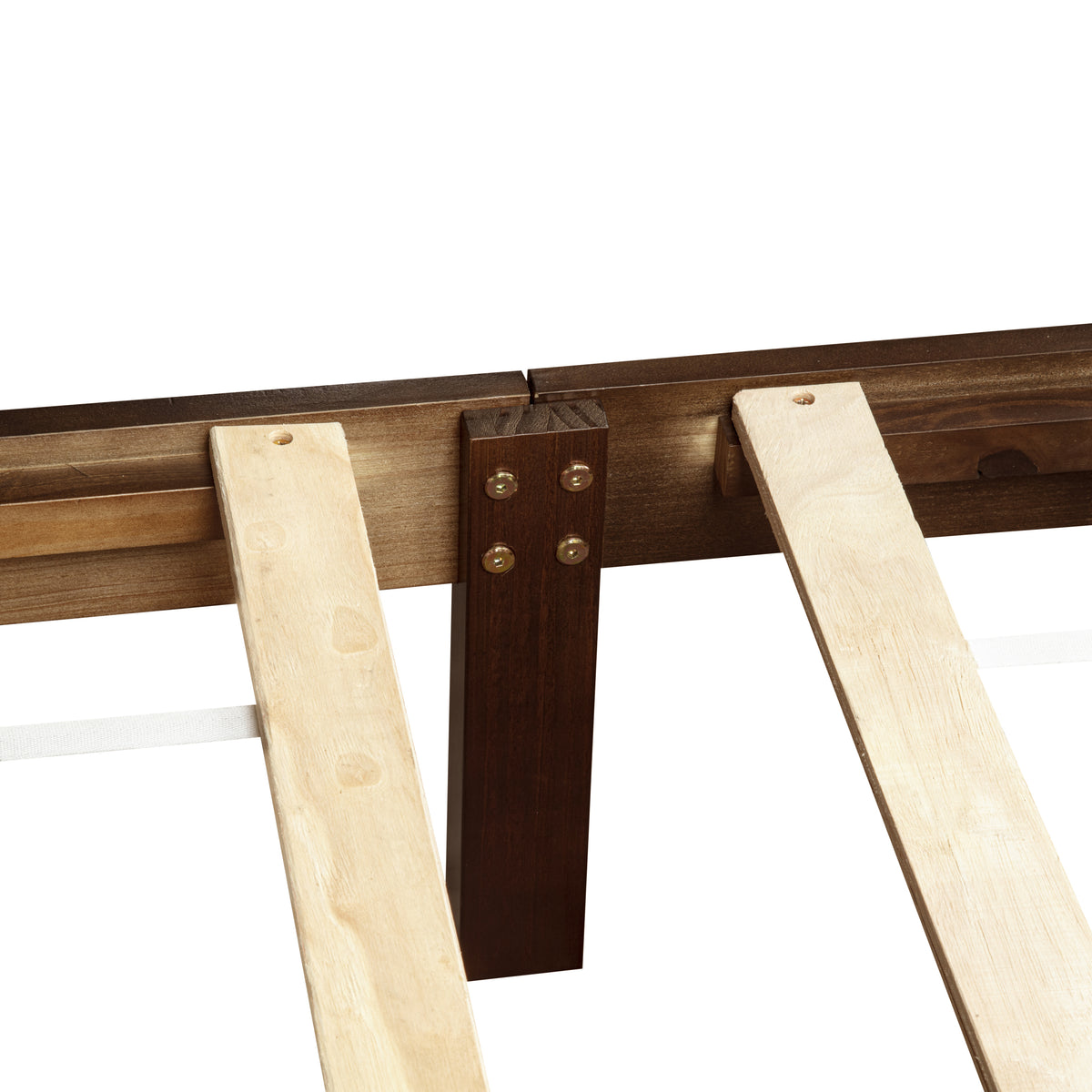 Closeup of rich brown center rail with bolted support leg and light wood slats