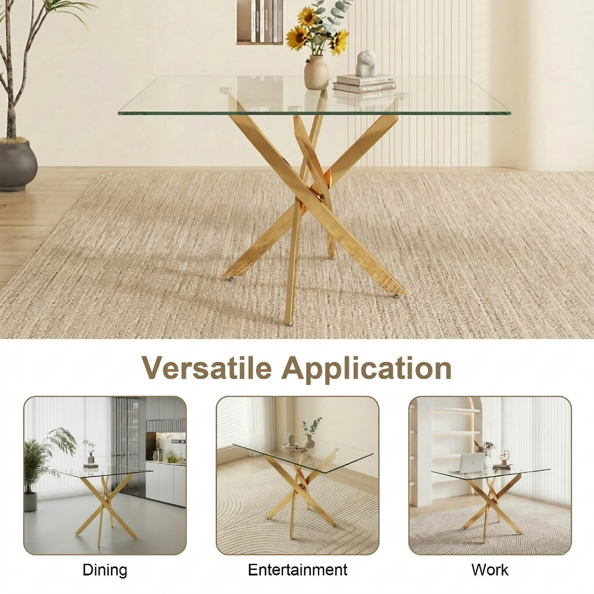 Feature graphic showing the gold-leg glass table used for dining, entertainment and work