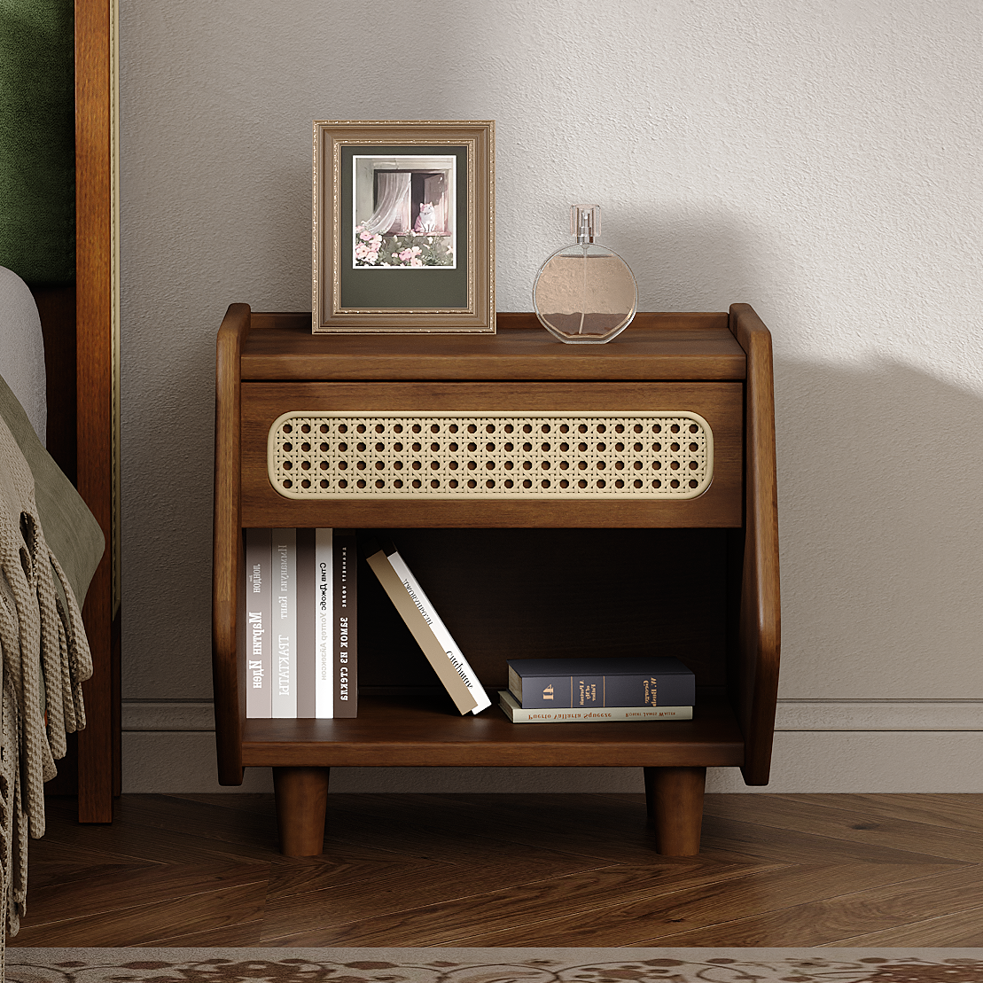 Walnut Rattan-Front 1-Drawer Nightstand with Open Shelf and Tapered Legs