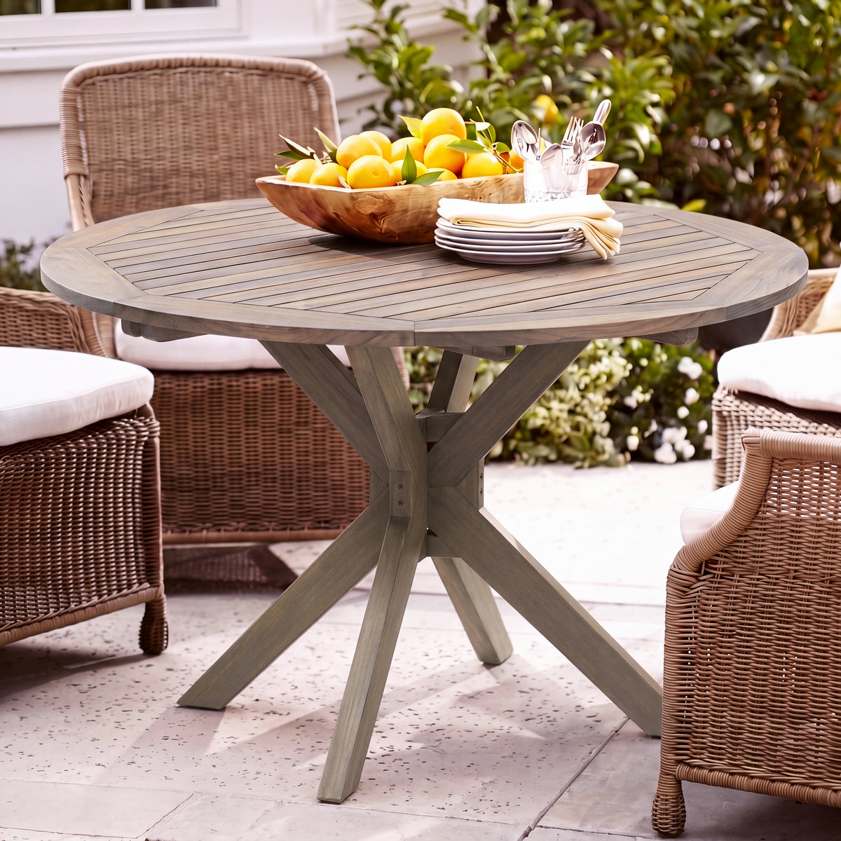 Gray Solid Wood Round Outdoor Dining Table, 46.5 in Wide