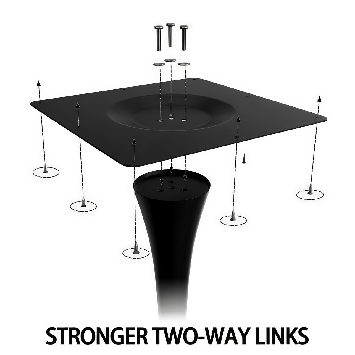 Exploded assembly diagram of the round bistro table showing the top plate, pedestal, three bolts and washers