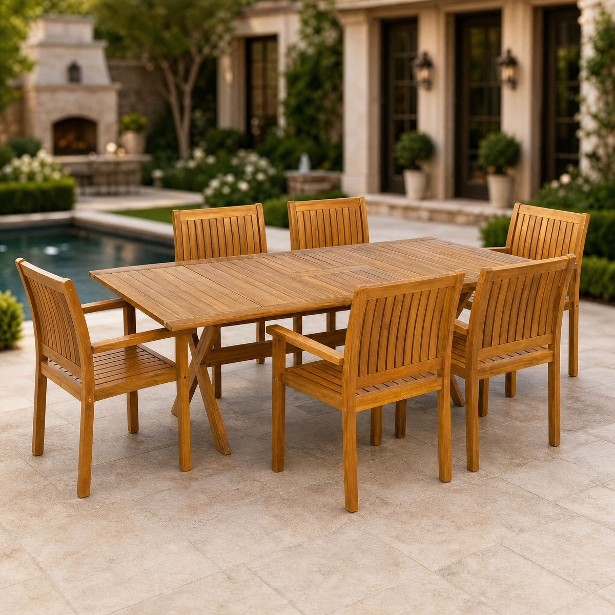 Teak Finish Solid Wood 7-Piece Patio Dining Set for 6