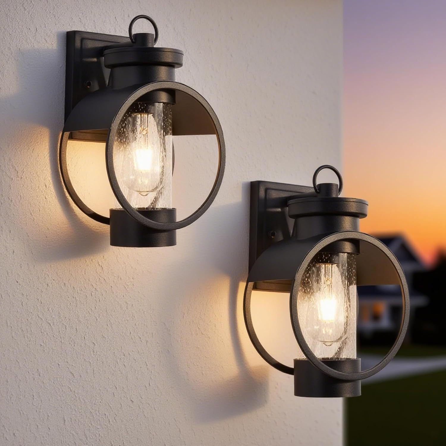 Black Dusk-to-Dawn Wet-Rated Wall Sconce, 12 in, Glass and Metal