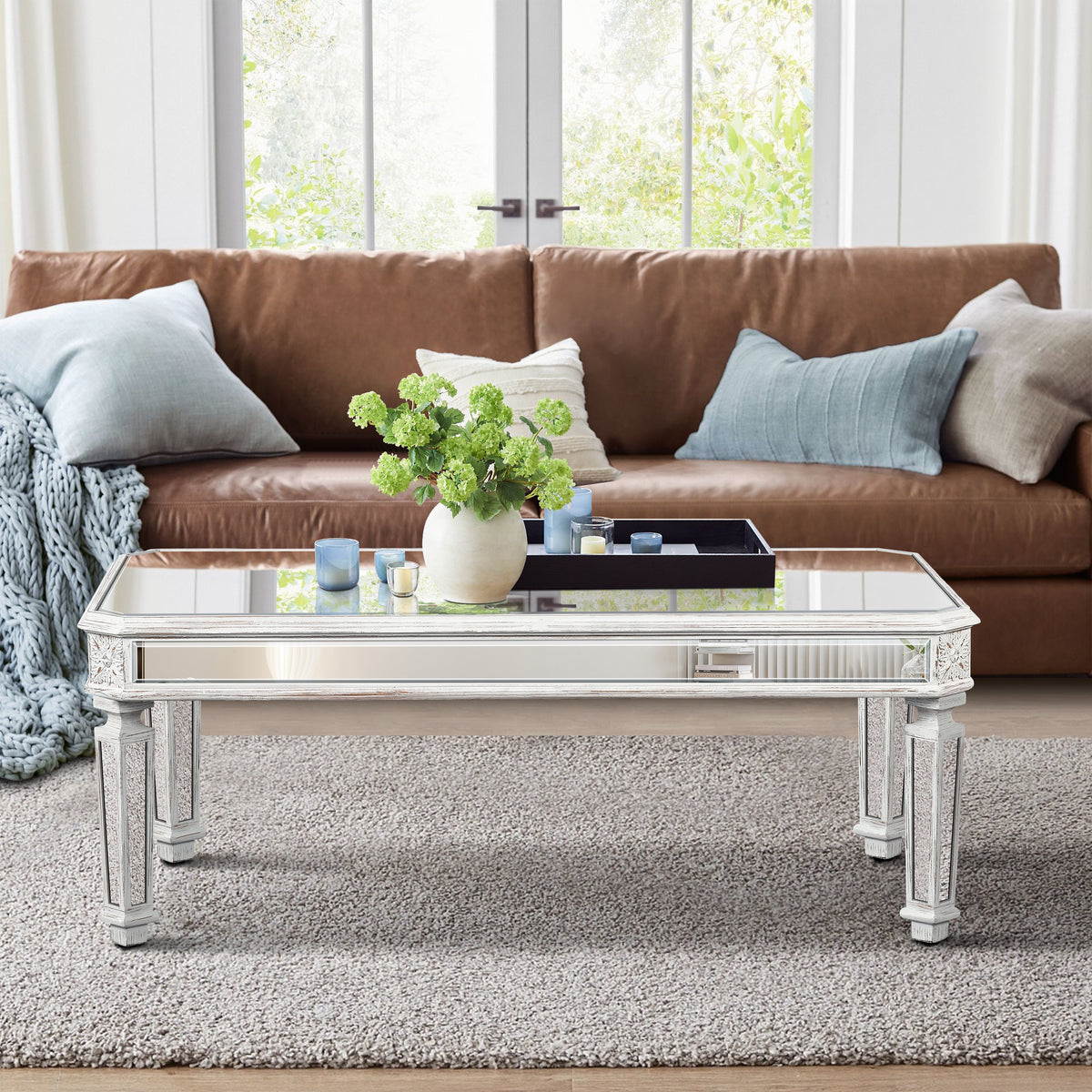 Silver and White Mirrored Carved Rectangular Coffee Table, 48 in