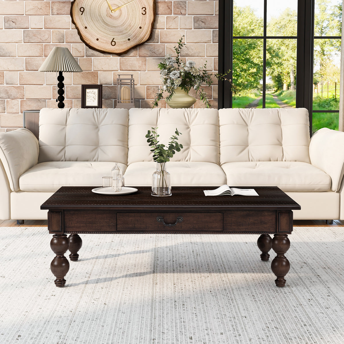 Espresso Rustic Turned-Leg Coffee Table with Drawer, 47 in